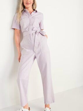 Old Navy Short-Sleeve Cropped Tie-Belt Utility Non-Stretch Jean Jumpsuit Size XL